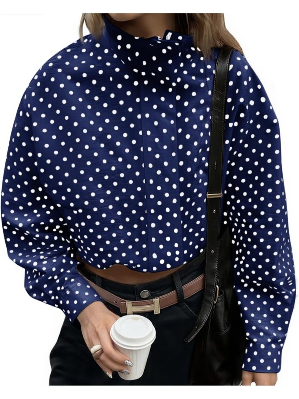 Women’s Navy Polka Dot Lightweight Lapel Collar Coat ZIP Up Cropped Jacket
